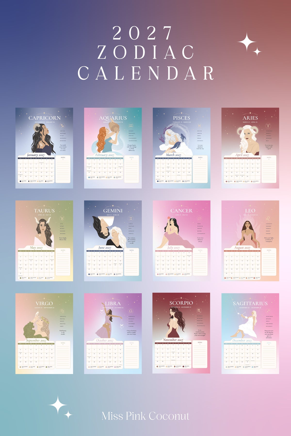 2027 Zodiac Calendar (US & CA)